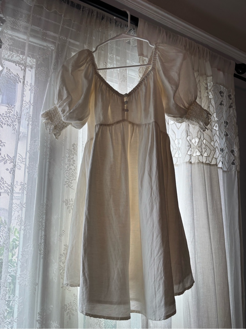 Linen Sabo Skirt Dress Puff Sleeve - Picture 4 of 11